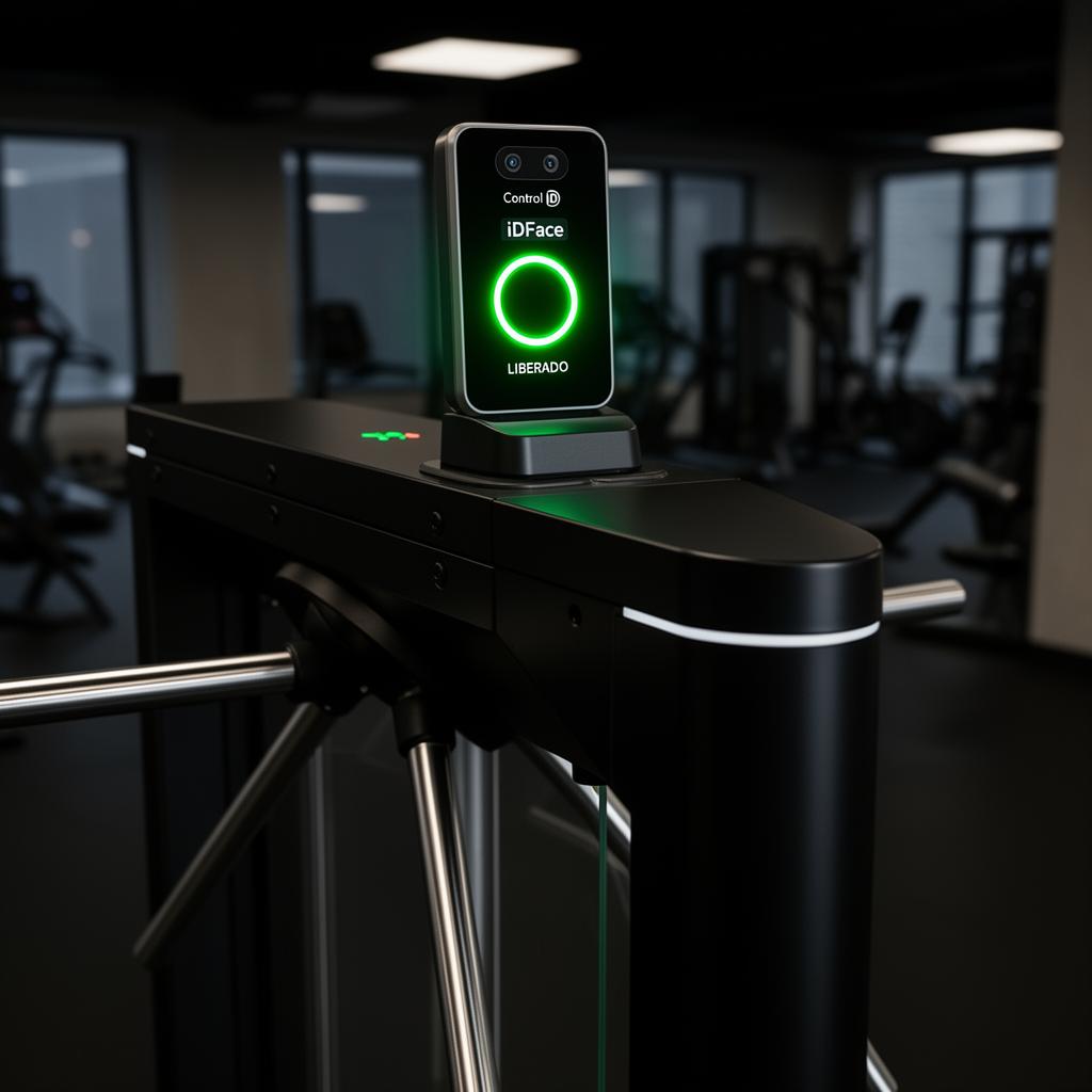 Catraca com leitor facial iDFace integrado ao IDGym, indicando acesso liberado em verde
