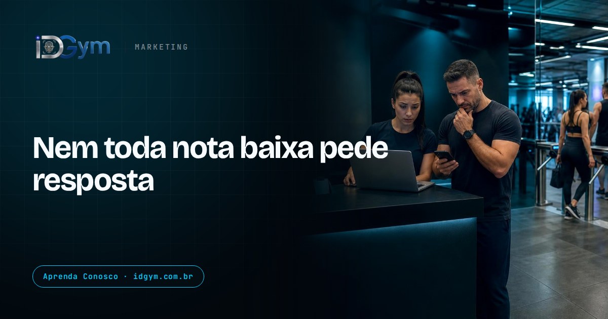 Gestor de academia analisando uma avaliação de uma estrela no Google enquanto a recepção continua em funcionamento ao fundo.