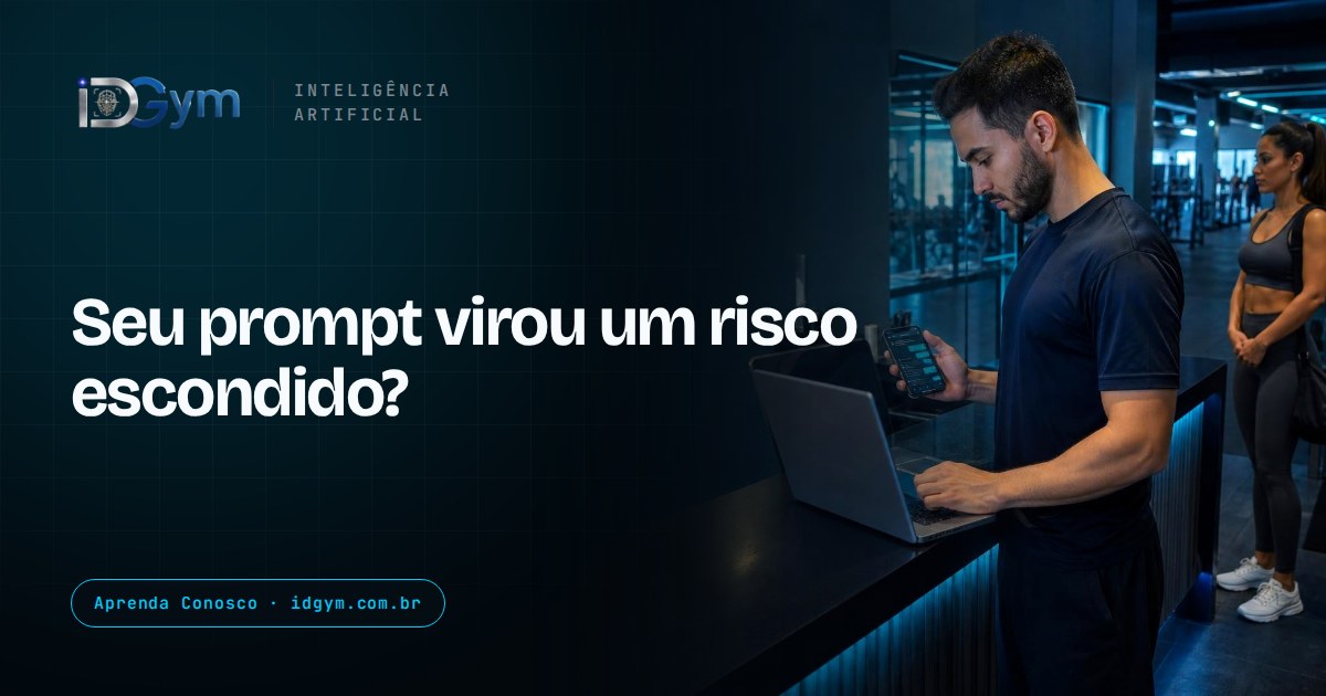 Atendente de academia revisando uma conversa no notebook enquanto uma aluna aguarda ao fundo na recepção.